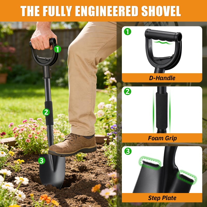 UIABOPZ Garden Shovels for Digging, 31 Inch Small Shovel, Heavy Duty Metal Digging Shovel with D-Handle Grip, Short Kids Shovels for Digging, Mini Spade Shovel for Gardening, Camping, Beach, Car, Snow Removal - Image 4