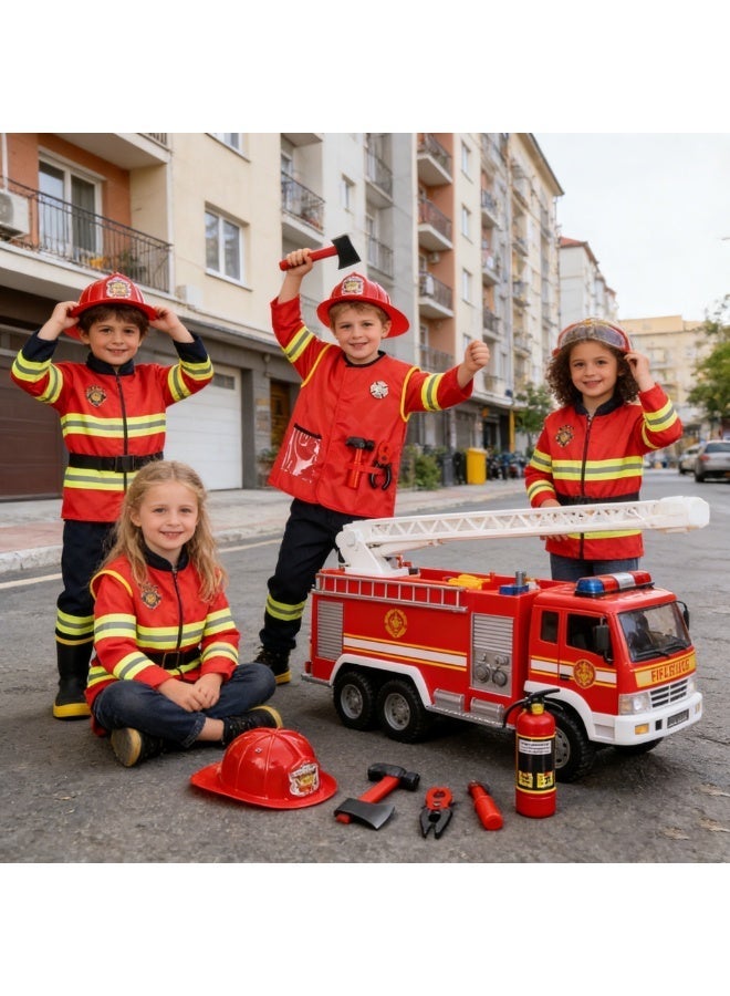 تابيت زي رجل إطفاء مكون من 6 قطع: ملابس تنكري للهالوين، معطف، فأس، خوذة، مطرقة، إكسسوارات زي تنكري للهالوين، مناسب لحفلات أعياد الميلاد والكرنفالات (مناسب للأطفال بطول 100-130 سم) - Image 5