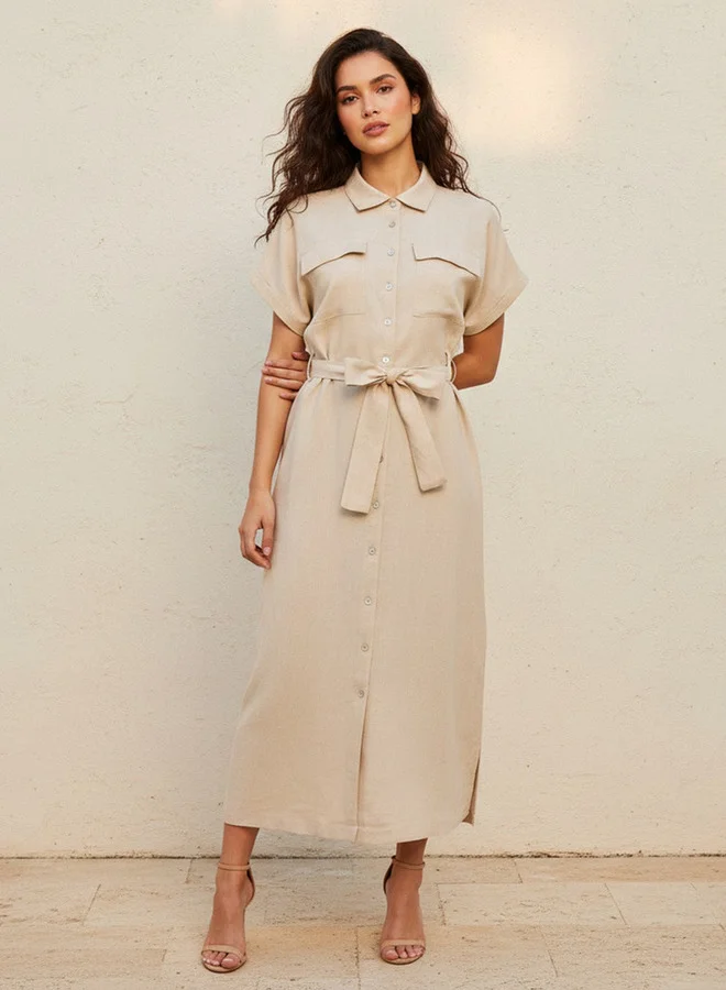 سبلاش فيڤ Midi Linen Blend Shirt Dress with Tie-Up Belt