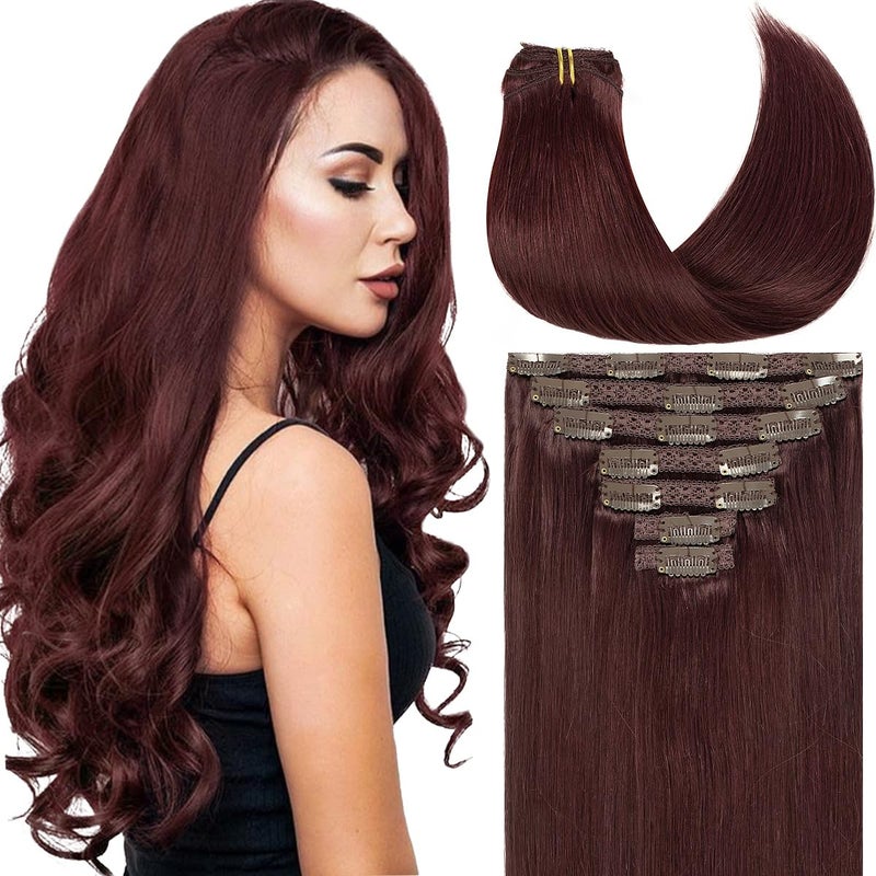 Caliee Hair Extenisons Clip in Human Hair Double Lace Weft Color Wine Red 7 Pcs 120G Silky Straight Thick Remy Seamless Hair Extensions Clip in Human Hair 18 Inch - Image 3