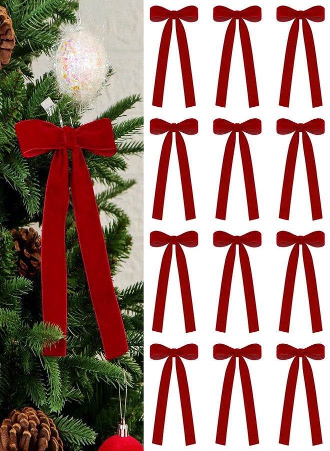 Kunjocy 12 Pieces Velvet Bows with Twist Tie 5 x 7 Inch Christmas Tree Bows Ornaments for Gift Wrapping, Wreaths, Party Favor, Crafts (Red - Image 1