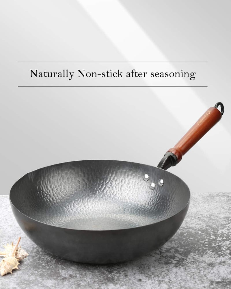BIELMEIER 12.5" Wok Pan- Woks and Stir Fry Pans, Carbon Steel Wok, Flat Bottom Wok with Lid Suits for all Stoves - Image 4