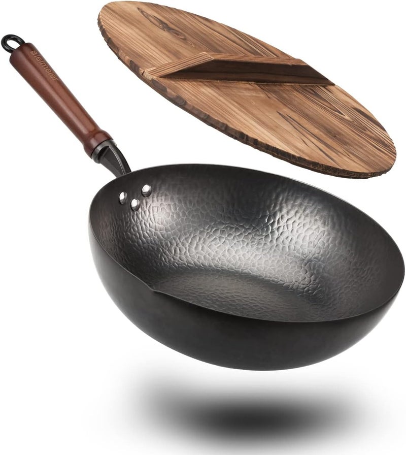 BIELMEIER 12.5" Wok Pan- Woks and Stir Fry Pans, Carbon Steel Wok, Flat Bottom Wok with Lid Suits for all Stoves - Image 1