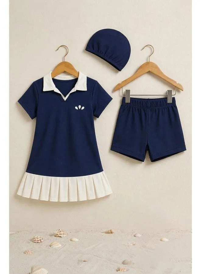 Zuzunga Girl's Polo Collar Garni Pleated Skirt Swimwear Set