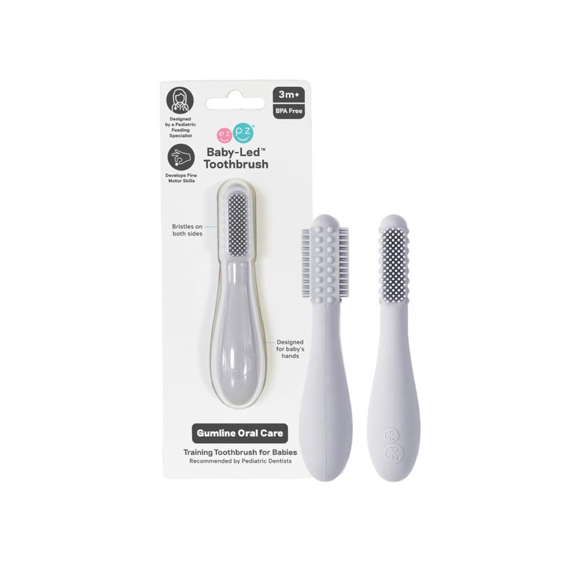 ezpz Baby-Led Toothbrush (Pewter) - 3 Months + - 100% Silicone Infant Toothbrush with Sensory Bumps - Cleans Gums + New Teeth - Improves Hand-to-Mouth Coordination, Self-Feeding Skills - Image 1