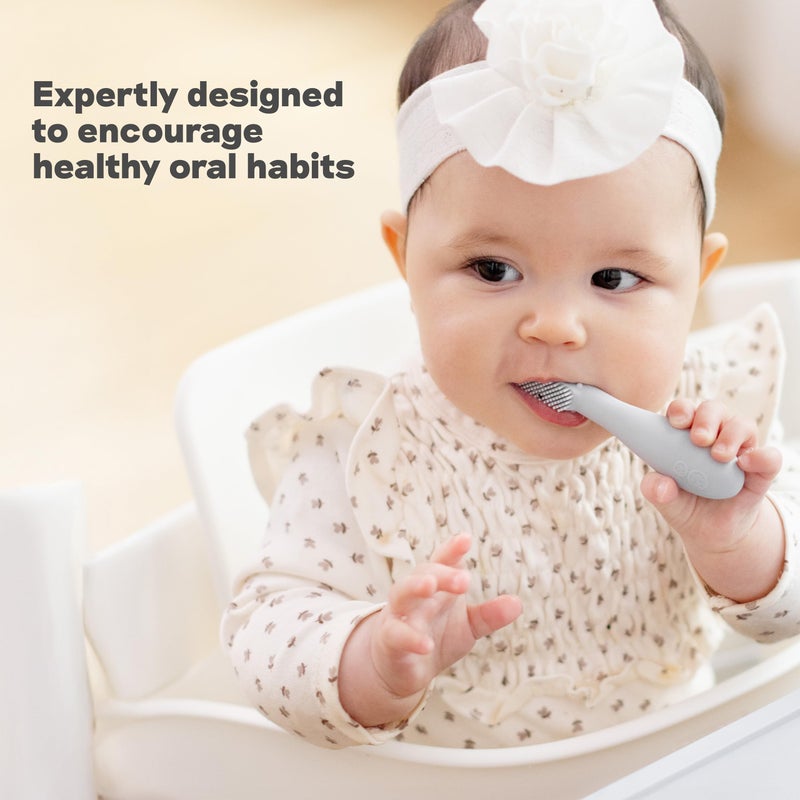 ezpz Baby-Led Toothbrush (Pewter) - 3 Months + - 100% Silicone Infant Toothbrush with Sensory Bumps - Cleans Gums + New Teeth - Improves Hand-to-Mouth Coordination, Self-Feeding Skills - Image 4