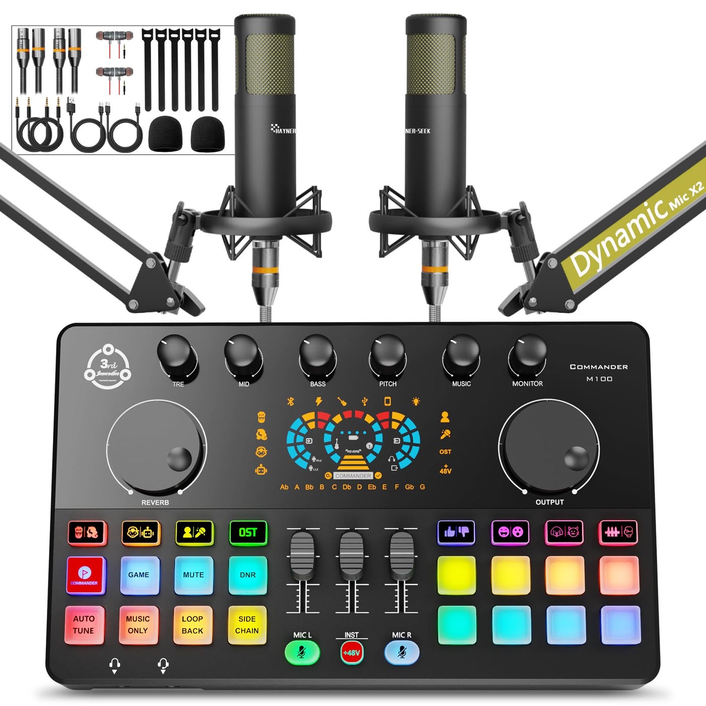 Podcast Equipment Bundle for 2 Audio Mixer with XLR Dynamic Microphone Voice ChangeRGB for Vocal Recording PodcastingStreaming Singing TikTok PC Smartphone COMMANDER M100 3rd