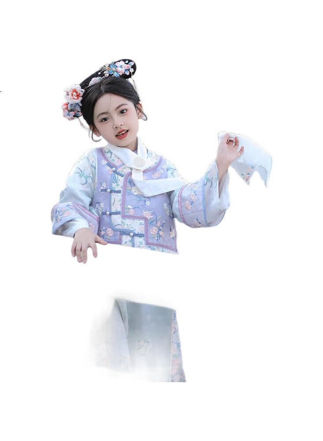 Flag Platinum Qibao Qipao Girls' Princess Dress Spring New Hanfu Collection Acacia Blue Purple + Scarf (Excluding Handkerchief) 160 - Image 1