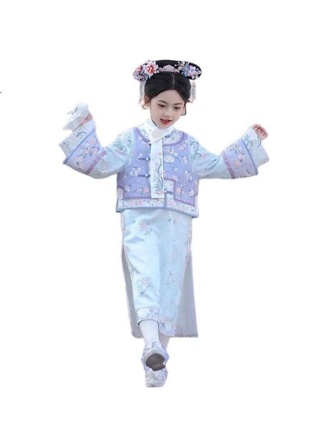 Flag Platinum Qibao Qipao Girls' Princess Dress Spring New Hanfu Collection Acacia Blue Purple + Scarf (Excluding Handkerchief) 160 - Image 3