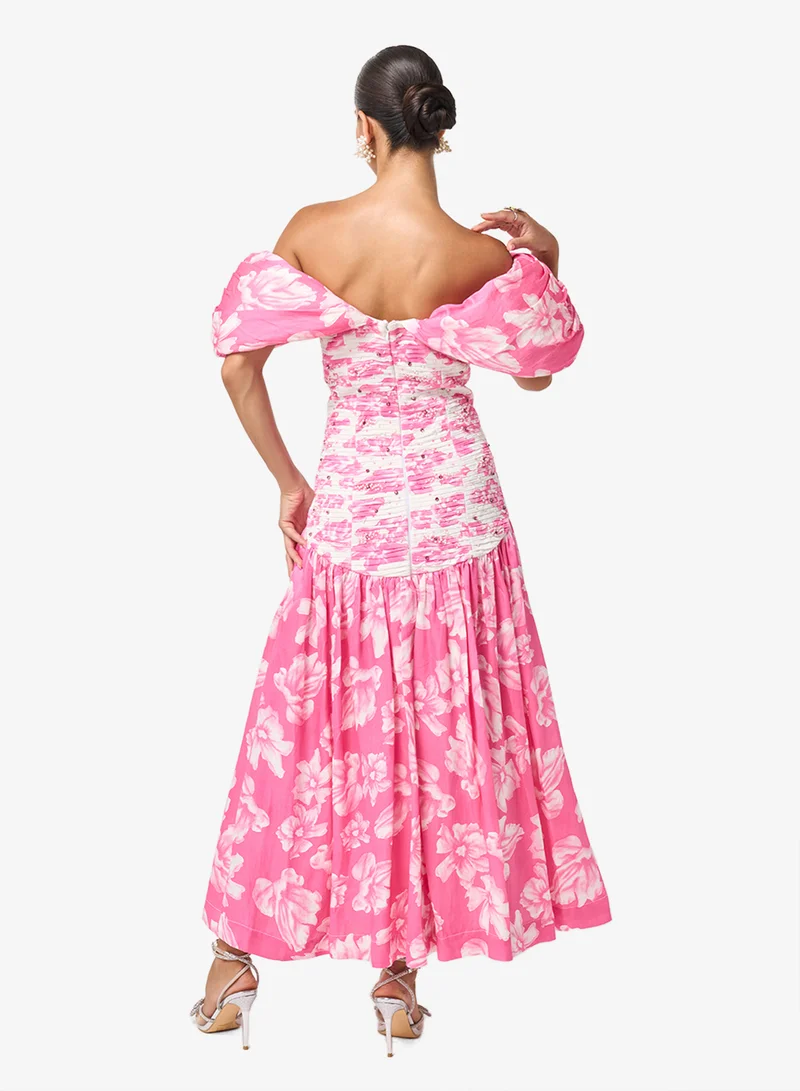 Threadz by Ajooni  Printed Puff Sleeve Off Shoulder Maxi Dress for Women | Best Price UAE