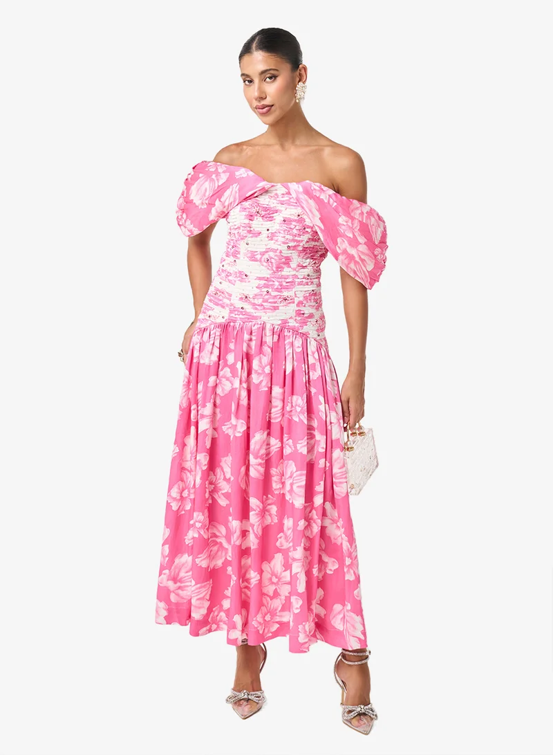 Printed Puff Sleeve Off Shoulder Maxi Dress