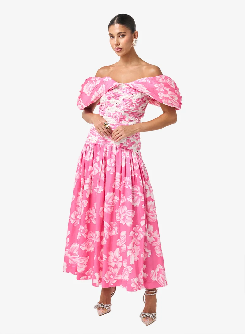 Threadz by Ajooni  Printed Puff Sleeve Off Shoulder Maxi Dress for Women | Best Price UAE