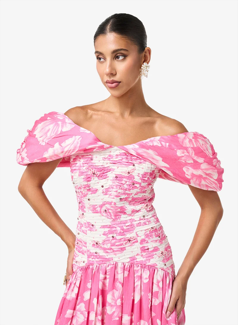 Threadz by Ajooni  Printed Puff Sleeve Off Shoulder Maxi Dress for Women | Best Price UAE