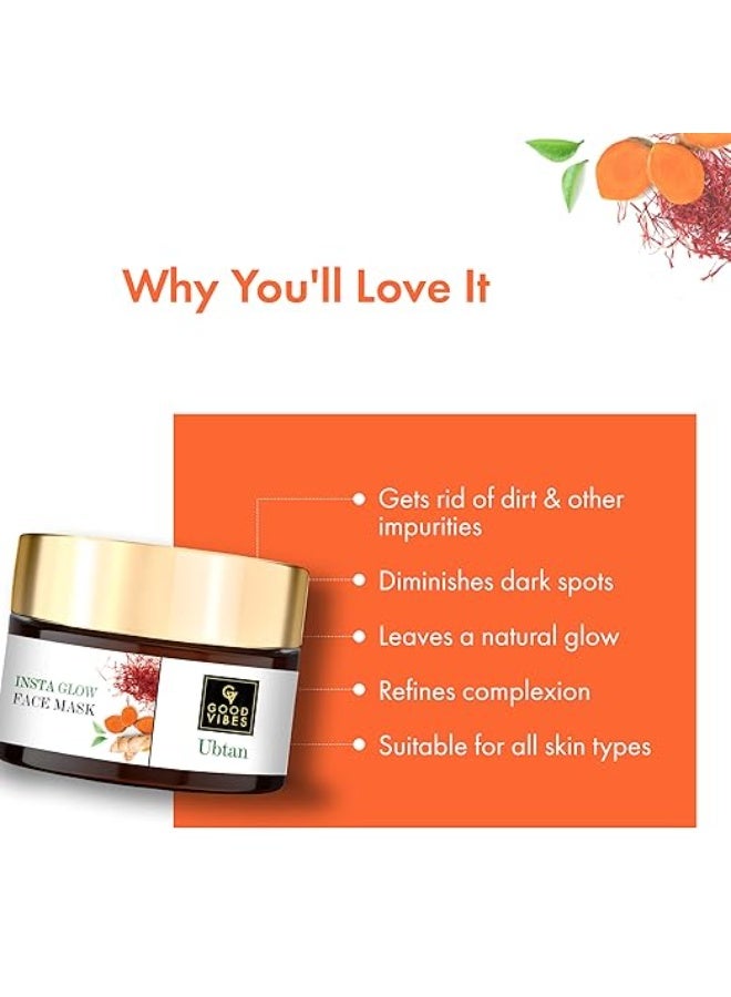 Good Vibes Ubtan Insta Glow Face Mask, 50 g | Brightening, Cleansing, Smoothening Face Pack For All Skin Types | With Turmeric, Saffron, Sunflower Seed Oil | No Parabens, Sulphates & Mineral Oil - Image 3