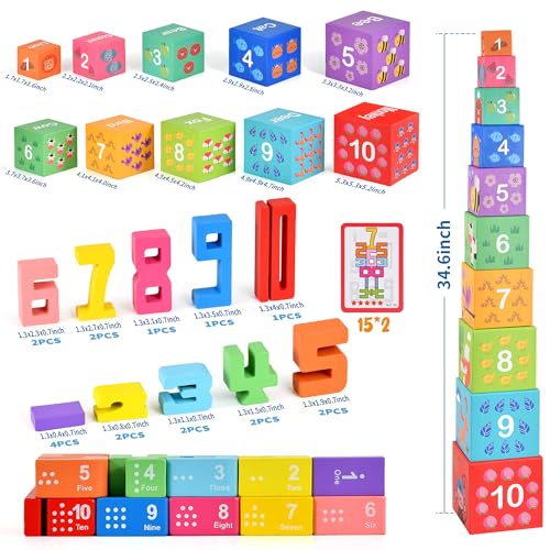 DICROON Wooden Number Building Blocks Stacking Toys for Toddlers 3 Years Old Digital Building Blocks 110 Digital Blocks Toys Balance Competition Toy Educational Gift for Kids Boys and Girls - Image 5