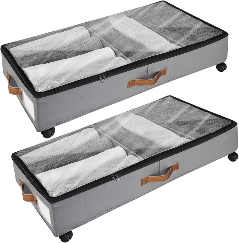 Xtsuen Pack of 2 Underbed Storage Boxes with Lid, Underbed Storage Bag with Wheels, 360° Rotation and Metal Frame, Foldable Clothes Storage Bag for Clothes, Bedding, Toys - Image 1