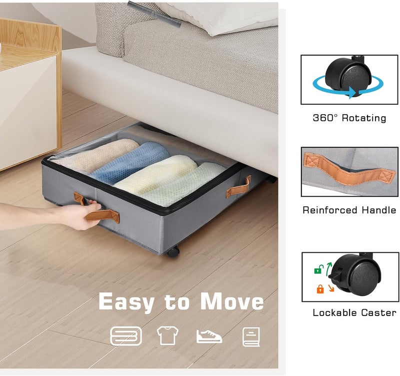 Xtsuen Pack of 2 Underbed Storage Boxes with Lid, Underbed Storage Bag with Wheels, 360° Rotation and Metal Frame, Foldable Clothes Storage Bag for Clothes, Bedding, Toys - Image 2