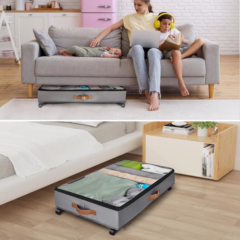 Xtsuen Pack of 2 Underbed Storage Boxes with Lid, Underbed Storage Bag with Wheels, 360° Rotation and Metal Frame, Foldable Clothes Storage Bag for Clothes, Bedding, Toys - Image 5