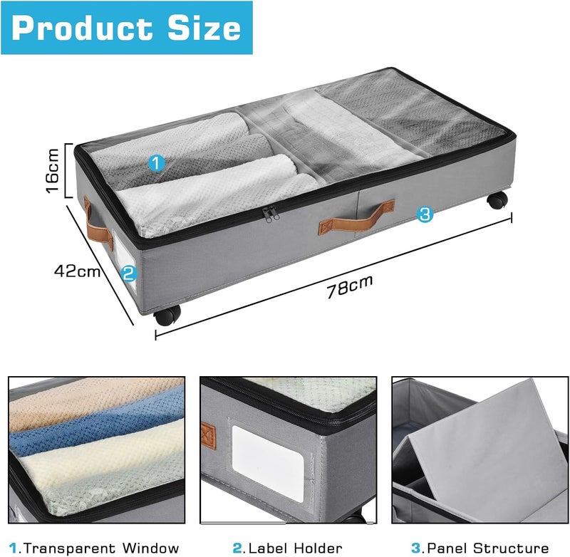 Xtsuen Pack of 2 Underbed Storage Boxes with Lid, Underbed Storage Bag with Wheels, 360° Rotation and Metal Frame, Foldable Clothes Storage Bag for Clothes, Bedding, Toys - Image 3