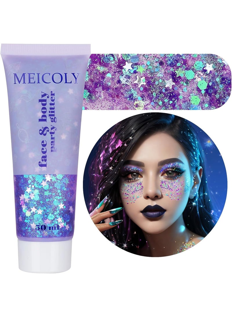 MEICOLY Light Purple Hair Glitter,Chameleon Purple Mermaid Face Glitter,Glitter Face Paint for Halloween,Mardi Gras Outfit for Women,Rave Glitter Makeup Sparkle Chunky Glitter for Women,50ml