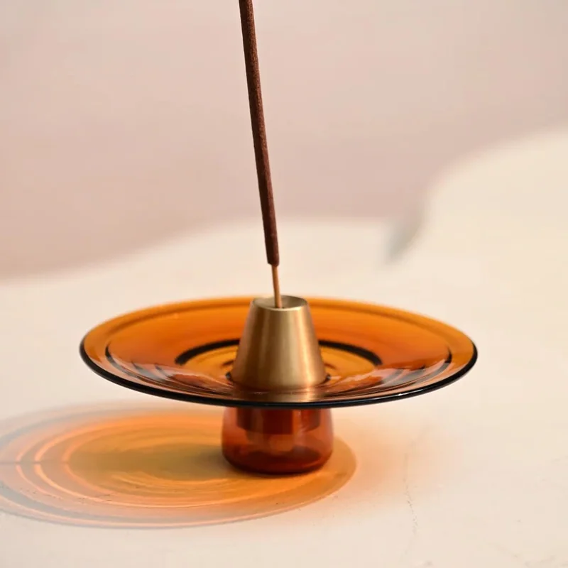 Muun Home MUUN HOME Amber Incense Holder with Ash Catcher - Borosilicate Glass and Brass, Rippled Design