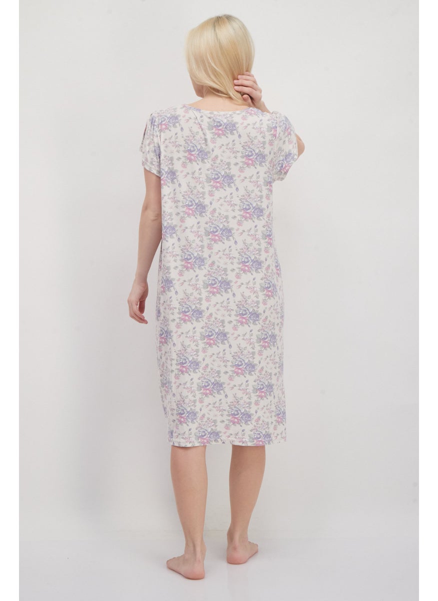 Miss Lillian Women Floral Print Short Sleeve Sleepwear Dress, Beige Combo  - Image 2