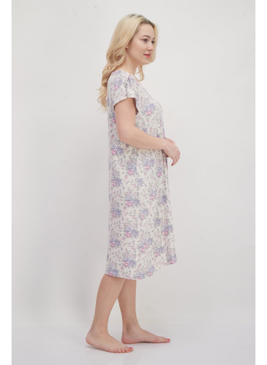 Miss Lillian Women Floral Print Short Sleeve Sleepwear Dress, Beige Combo  - Image 3