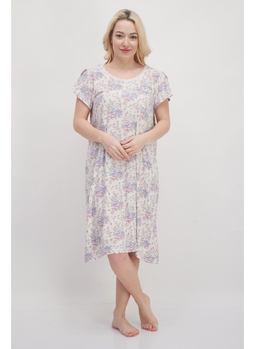 Miss Lillian Women Floral Print Short Sleeve Sleepwear Dress, Beige Combo  - Image 1