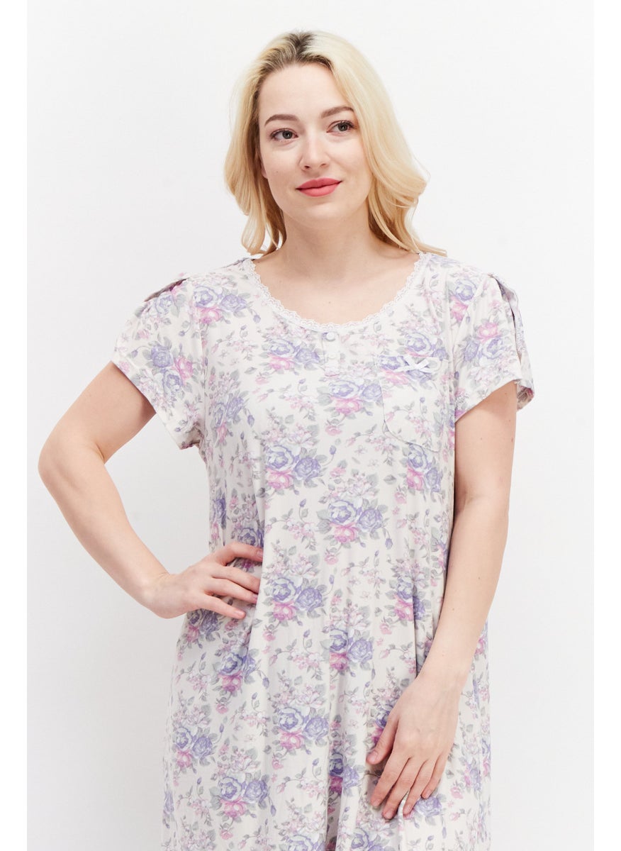 Miss Lillian Women Floral Print Short Sleeve Sleepwear Dress, Beige Combo  - Image 4