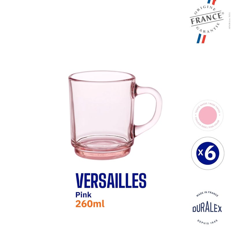 Duralex Versailles Pink Tempered Glass Mugs 260ml Set of 6 UltraResistant Stackable Coffee Tea Mugs Microwave Dishwasher Safe Giftable Mug Set - Image 3