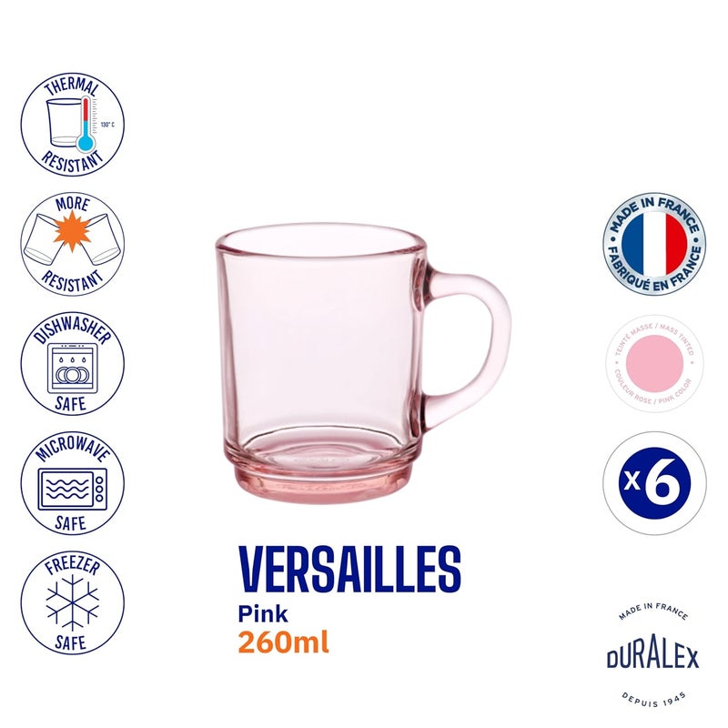 Duralex Versailles Pink Tempered Glass Mugs 260ml Set of 6 UltraResistant Stackable Coffee Tea Mugs Microwave Dishwasher Safe Giftable Mug Set - Image 4