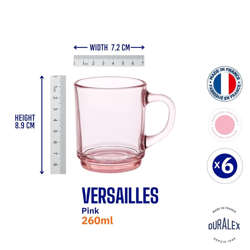 Duralex Versailles Pink Tempered Glass Mugs 260ml Set of 6 UltraResistant Stackable Coffee Tea Mugs Microwave Dishwasher Safe Giftable Mug Set - Image 5