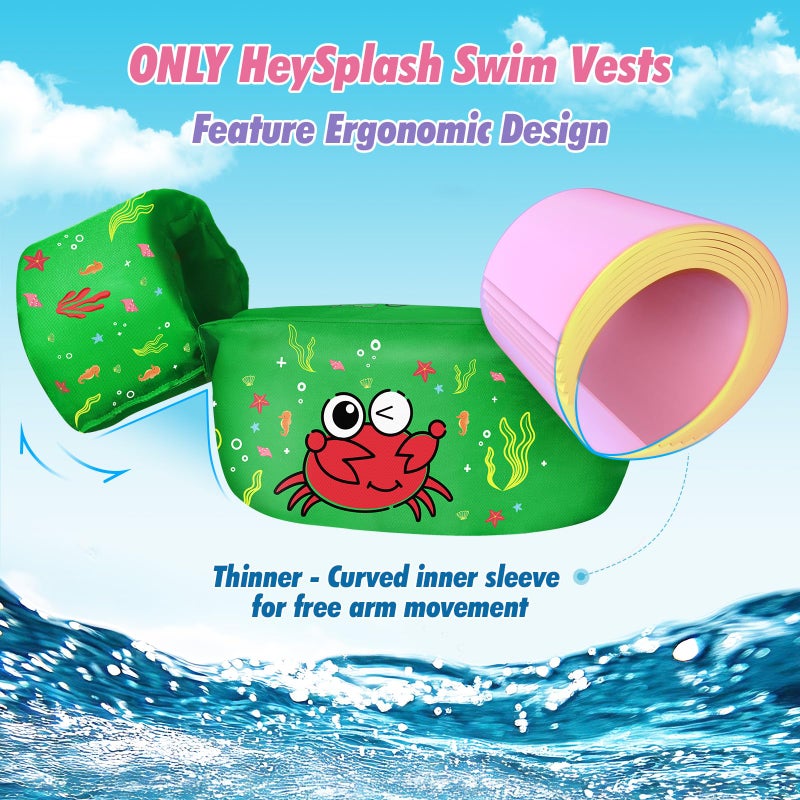 HeySplash سترة سباحة HeySplash للأطفال، عوامات بركة للأطفال تناسب 22-44 رطل، سترة سباحة للأطفال مع حزام قابل للتعديل، سترة سباحة بأجنحة مائية، قفزات بحرية للأطفال الأولاد والبنات من عمر 1-6، سرطان البحر الأخضر - Image 2