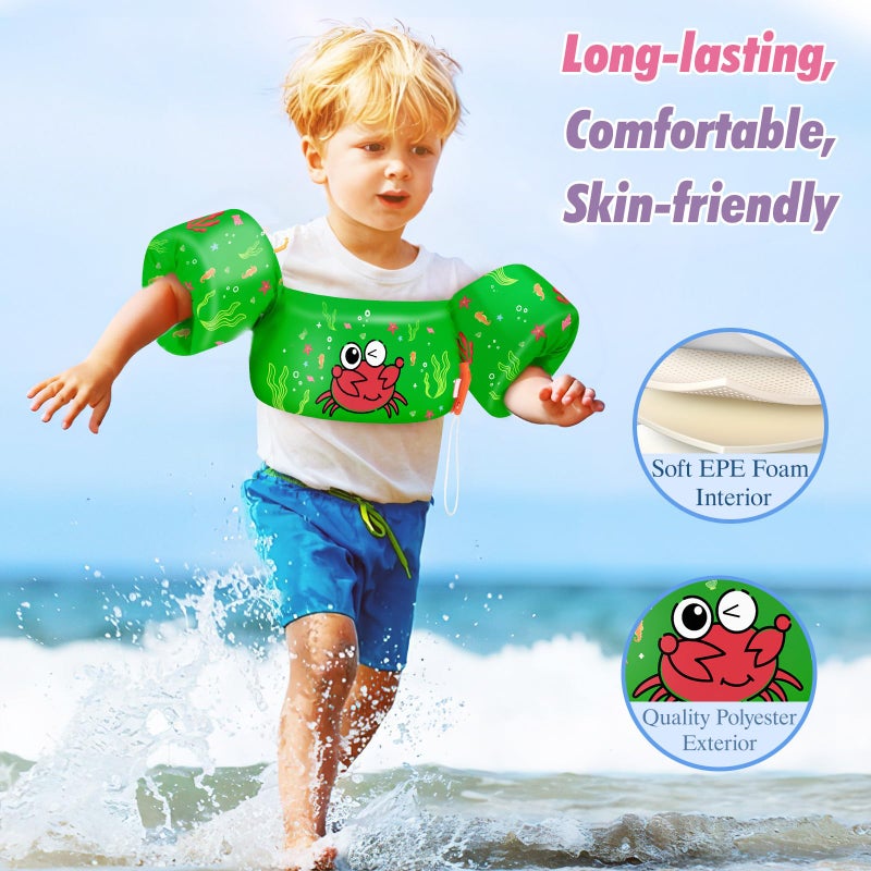 HeySplash سترة سباحة HeySplash للأطفال، عوامات بركة للأطفال تناسب 22-44 رطل، سترة سباحة للأطفال مع حزام قابل للتعديل، سترة سباحة بأجنحة مائية، قفزات بحرية للأطفال الأولاد والبنات من عمر 1-6، سرطان البحر الأخضر - Image 3