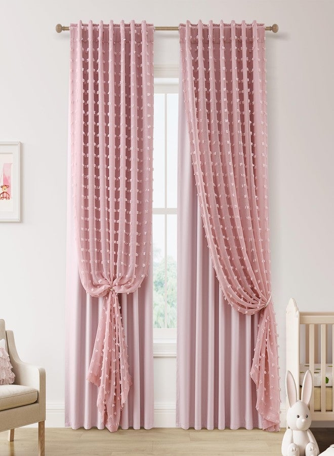 Hokibero 100% Blackout Pink Curtains for Girls Bedroom 84 Inches Long 2 Panels Double Layer Thermal Insulated Cute Drapes Pom Pom Sheer Overlay Back Tab Pocket Blush Curtain for Living Room Nursery 52x84 - Image 1