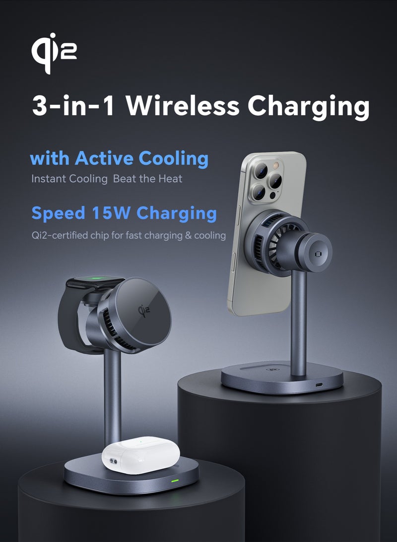 DC-ITECH Magnetic Wireless Charger with Active Cooling, 15W Qi2 Fast 3 in 1 Charging Station for Apple Charger Stand, Wireless Charger for iPhone16/15/14/13/12 Series, Apple Watch, AirPods - Image 2