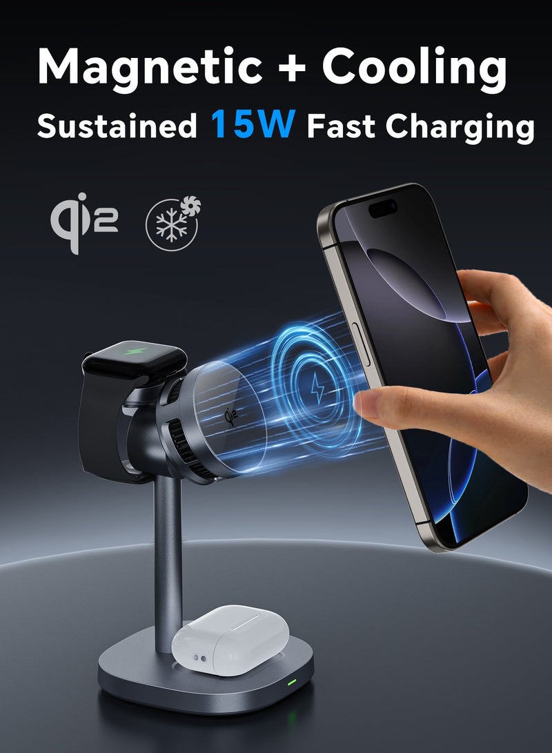 DC-ITECH Magnetic Wireless Charger with Active Cooling, 15W Qi2 Fast 3 in 1 Charging Station for Apple Charger Stand, Wireless Charger for iPhone16/15/14/13/12 Series, Apple Watch, AirPods - Image 3