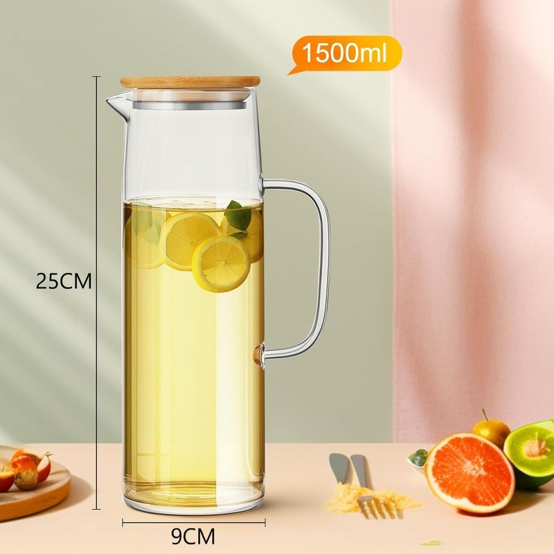 UREVO 1500ml Glass Pitcher with Bamboo Lid - Hot/Cold Water Carafe for Beverages - Image 3