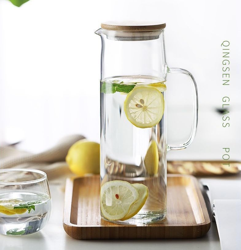 UREVO 1500ml Glass Pitcher with Bamboo Lid - Hot/Cold Water Carafe for Beverages - Image 2