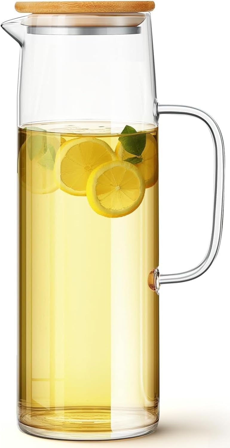 UREVO 1500ml Glass Pitcher with Bamboo Lid - Hot/Cold Water Carafe for Beverages - Image 1