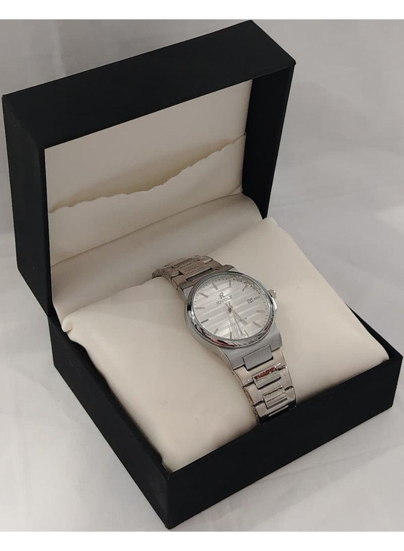 ريفولي ساعة كلاسيكية أنيقة بسوار ستانلس ستيل ومؤشر تاريخ، تصميم راقٍي وجميل