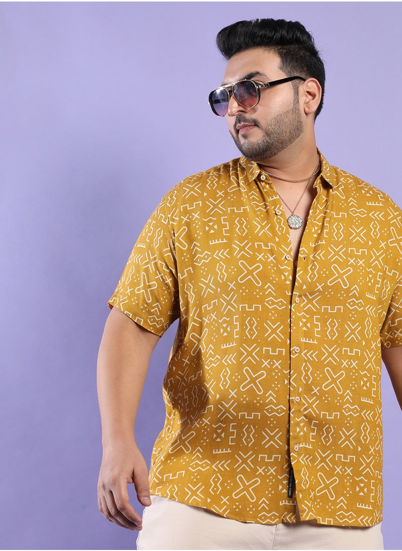 Instafab Plus Instafab Plus Men's Mustard Yellow Minimal Aztec Shirt For Casual Wear | Spread Collar | Short Sleeve | Button Closure | Heavy Rayon Shirt Crafted With Comfort Fit For Everyday Wear  - Image 1