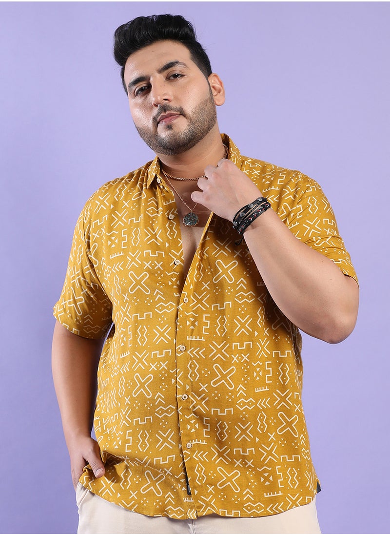 Instafab Plus Instafab Plus Men's Mustard Yellow Minimal Aztec Shirt For Casual Wear | Spread Collar | Short Sleeve | Button Closure | Heavy Rayon Shirt Crafted With Comfort Fit For Everyday Wear  - Image 2