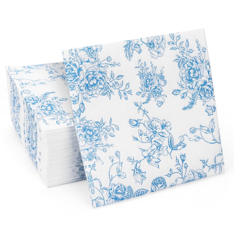 100 Pack Blue Floral Cocktail Napkins Guest Hand Towels Disposable for Bathroom Blue Floral Paper Napkins for Bridal and Baby Shower Tea Party Garden Party Birthday Party