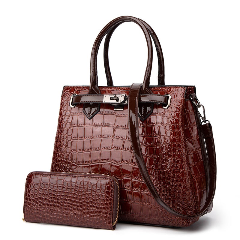 Crocodile pattern patent leather womens bag 2021 new two-piece portable shoulder diagonal bag womens wholesale factory hair Brown