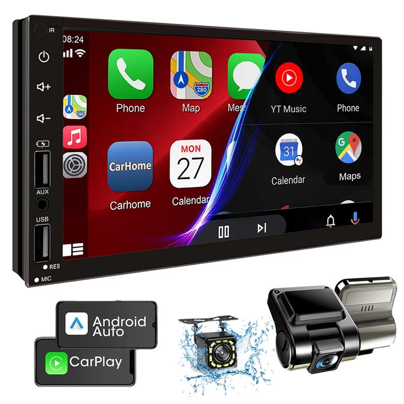 Leadfan Double Din Car Stereo with Dash Cam Support Apple Carplay and Android Auto 7INCH Full HD Touchscreen Car Audio Receivers Double Din Radio with Bluetooth Camera FM2 USBAUXSubwooferSWC
