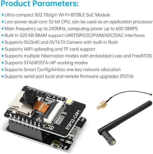 Aideepen 2-Pack ESP32 CAM Development Board, for ESP32-CAM MB WiFi/Bluetooth Development Board, DC 5V Dual Core Development Board with 2.4G Antennas IPEX, OV2640 Camera TF Card Module - Image 2