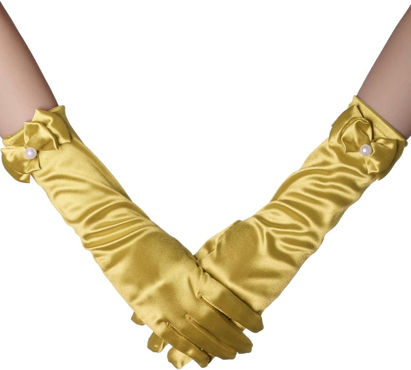 Yolyoo Girls Princess Gloves,Girl White Long Satin Princess Dress Up Diamonds Bows Gloves for Birthday,Wedding, Costume Party - Image 2