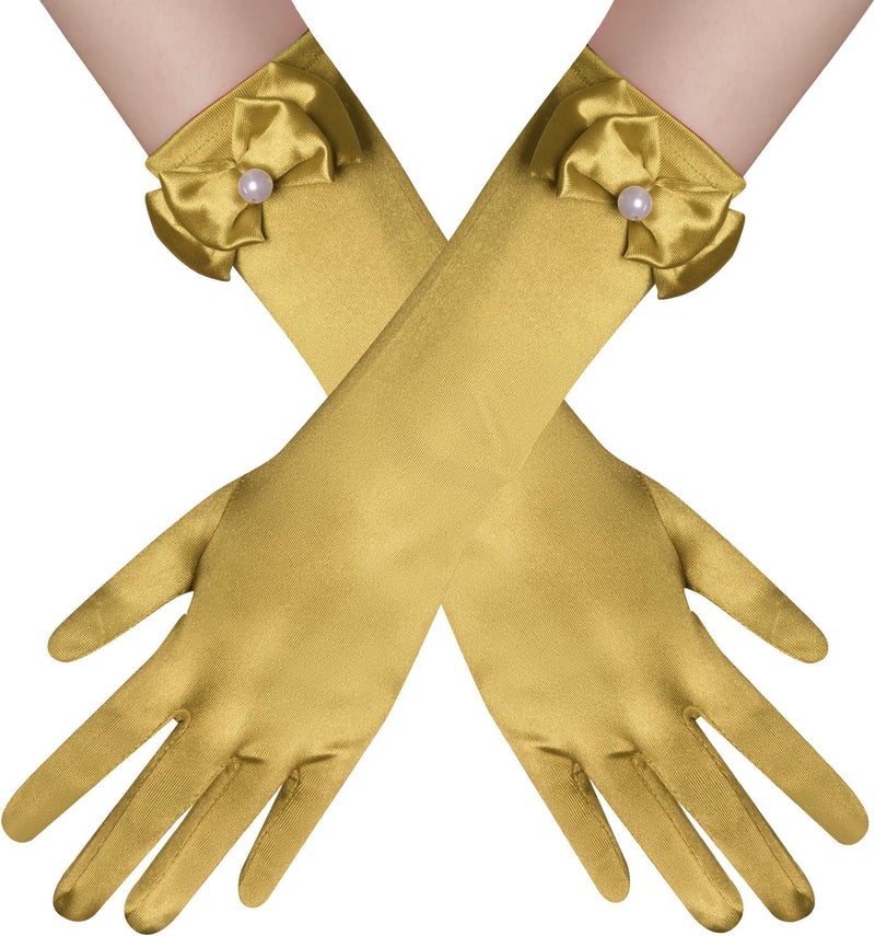 Yolyoo Girls Princess Gloves,Girl White Long Satin Princess Dress Up Diamonds Bows Gloves for Birthday,Wedding, Costume Party - Image 1