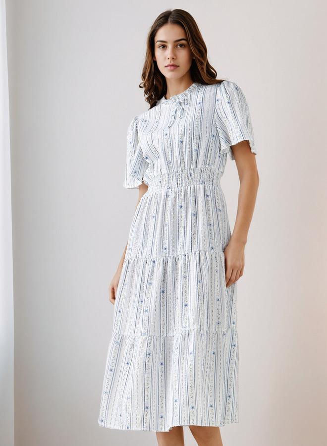 Splash FAV Tiered Midi Textured Viscose Dress with Flutter Sleeves - Image 2